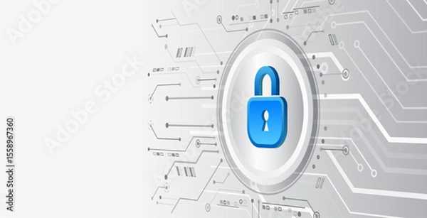 Obraz Modern cyber background with printed circuit board, blue padlock on light hi-tech background. Symbolizes data protection, network security and digital reliability. For information security themes.