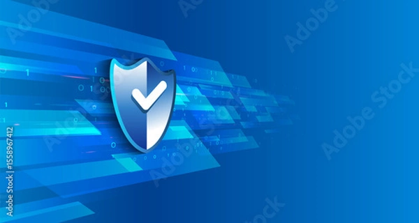 Obraz Digital shield on a blue background with stripes and binary symbols, symbolizing cybersecurity, data protection and a reliable information system. Modern, stylish, technological for presentations.