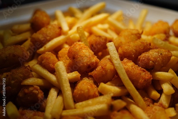 Obraz Golden Crispy French Fries and Tater Tots – Close-Up Snack Shot