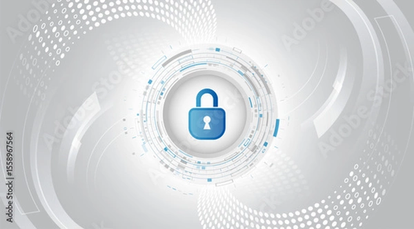 Obraz Digital lock on the background of abstract technological circles in light gray color scheme. Symbol of cybersecurity, privacy and digital data protection. For high-tech security presentation.