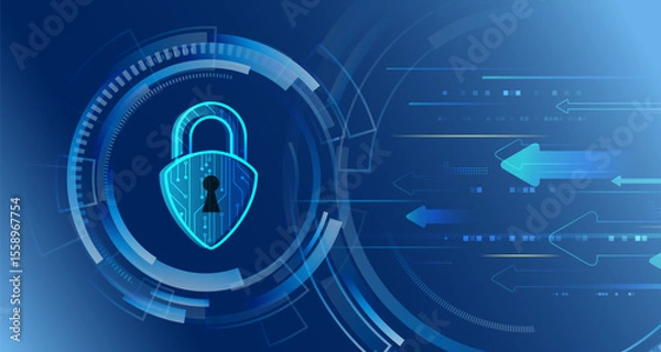 Obraz Cybersecurity concept with padlock and digital arrows on futuristic tech blue background. Perfect for data protection, privacy or network security themes.