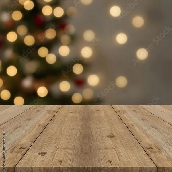 Fototapeta     Rustic Wooden Table with Warm Natural Grain in Festive Christmas Background Featuring Bokeh Lights and Decorated Tree – Cozy Holiday Mockup Scene