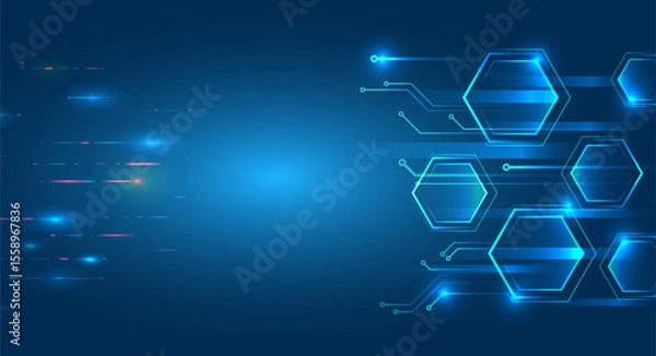Obraz Geometric futuristic concept. Abstract technological background consisting of hexagons, circuit board and glowing stripes on blue background. Suitable for high-tech presentations and banners.