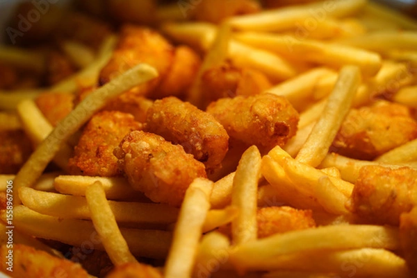 Obraz Golden Crispy French Fries and Tater Tots – Close-Up Snack Shot