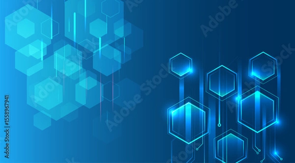 Obraz Geometric futuristic concept. Abstract technological background consisting of hexagons and glowing stripes on a blue background. Suitable for high-tech presentations and banners.
