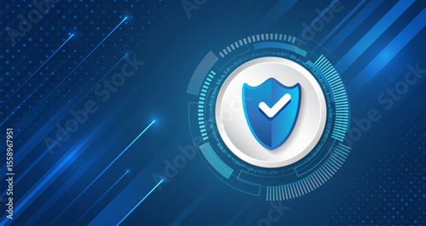 Obraz Digital shield on a blue hi-tech background with stripes and glowing dots, symbolizing cybersecurity and data protection. Technological background is ideal for security and IT infrastructure themes