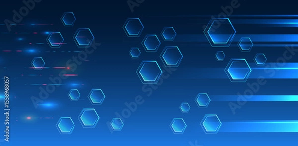 Obraz Abstract technological background consisting of hexagons and glowing stripes on a blue background. Suitable for high-tech presentations and banners. Geometric futuristic concept.