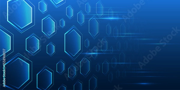 Obraz Geometric futuristic concept. Abstract technological background consisting of hexagons and glowing stripes on a blue background. Suitable for high-tech presentations and banners.