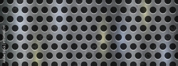 Obraz Perforated metal sheet texture with brushed steel surface and round holes. Industrial metallic pattern background perfect for modern tech, automotive, or engineering designs.