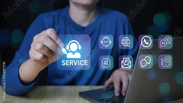 Fototapeta modern customer support system provides 24/7 service through multiple channels including phone agents, email, live chat, AI chatbots, and contact forms.