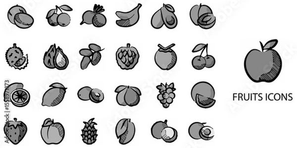 Fototapeta Fruits simple concept 24 hand drawn Grew color icons set .Vector illustration.	