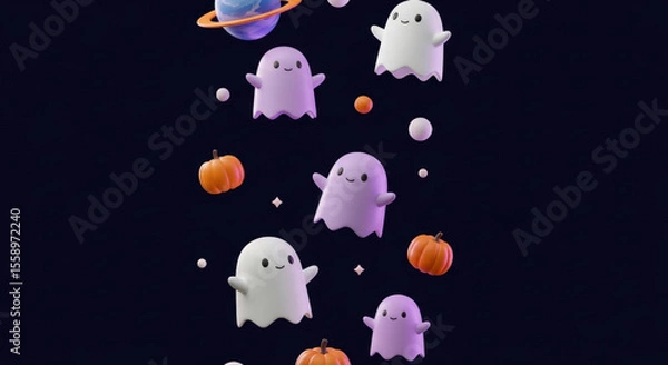 Fototapeta Cute ghost pumpkin planet floating minimal abstract Halloween playful design