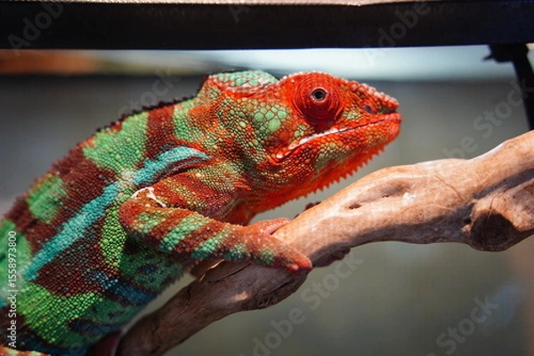 Obraz Close-Up of Colorful Panther Chameleon Displaying Red and Green Camouflage on a Branch
