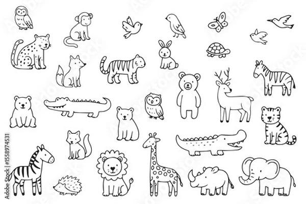 Fototapeta Set of animals in doodle style. Outline of hand drawn animals. Vector illustration on white background. Vector illustration