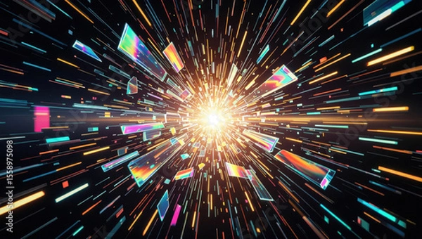 Fototapeta Exploding iridescent glass shards dynamic motion, vibrant energy, abstract burst, futuristic