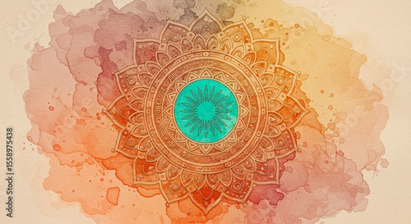Fototapeta Abstract mandala graphic design and watercolor digital art painting for ancient geometric concept background.AI generated