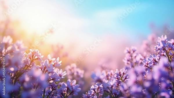 Fototapeta Close up view of purple flowers with soft focus and bokeh effect against a bright sky with pink and blue hues