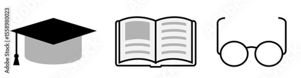 Fototapeta Set of Education icons: mortarboard, open book and eyeglasses, on transparent background, flat line design, vector illustration