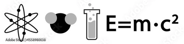 Fototapeta Set of Science concepts icons: atomic model, molecular model, glass test tube and equation of relativity theory, on transparent background, flat line design, vector illustration