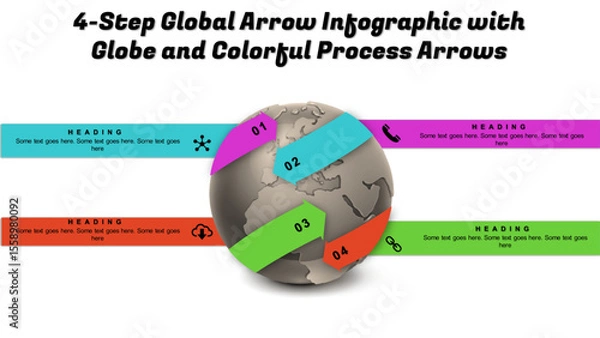 Fototapeta 4-Step Global Arrow Infographic with Globe and Colorful Process Arrows. Fully editable vector SVG file compatible with PowerPoint, Illustrator, and most vector-based applications.