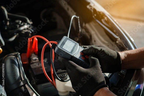 Obraz Car Mechanic Checking Battery with Diagnostic Tool