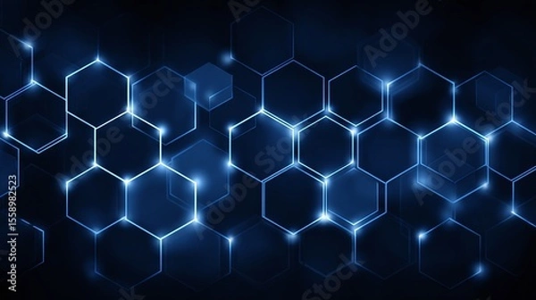 Fototapeta Hexagonal Network: Interconnected Blue Geometric Shapes. Modern design for science, technology, and innovation concepts on dark backdrop.