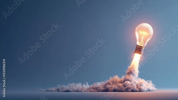 Fototapeta A lightbulb taking off like a rocket, symbolizing innovative ideas, creativity and progress, with a powerful thrust against a blue backdrop.