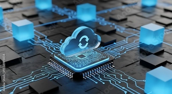 Fototapeta Digital cloud computing network with glowing blue circuits technology data