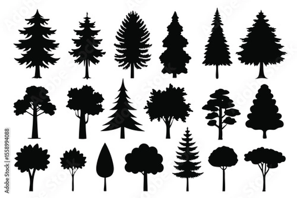 Fototapeta Collection of black silhouettes various tree types