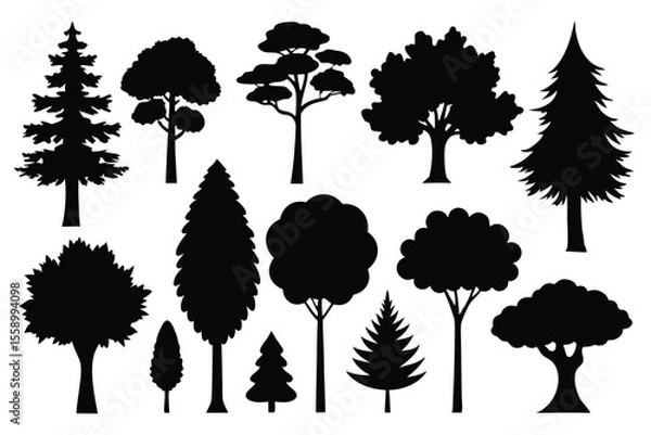 Fototapeta Collection of black silhouettes various tree types