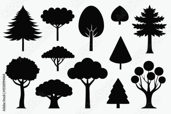 Fototapeta Collection of black silhouettes various tree types