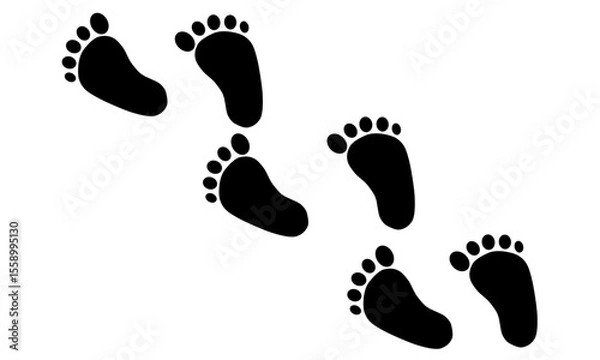 Fototapeta Black baby footprints moving diagonally, isolated on white background. Simple vector for baby themes, steps concept, or child-related graphic elements