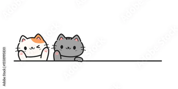 Obraz Cute cat waving hand to greeting hand drawn cartoon doodle on white background with copy space