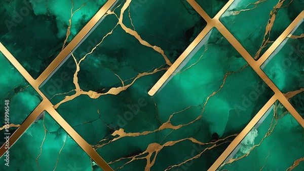 Fototapeta Luxury Emerald Marble Texture with Gold Veins and Geometric Design Wallpaper Background, ai
