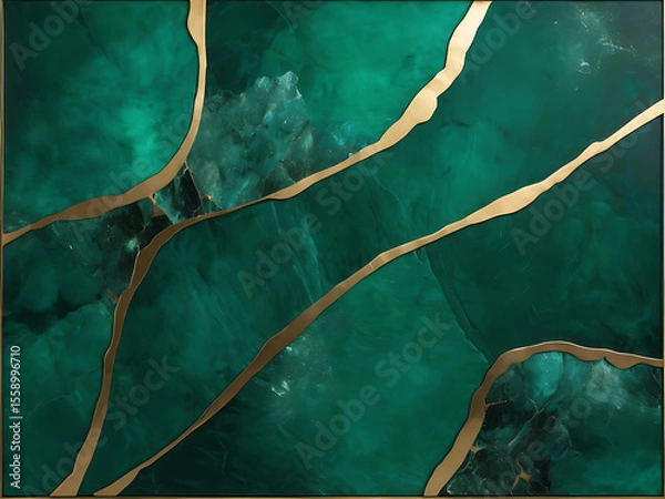Fototapeta Luxury Emerald Marble Texture with Gold Veins and Geometric Design Wallpaper Background, ai