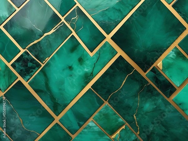 Fototapeta Luxury Emerald Marble Texture with Gold Veins and Geometric Design Wallpaper Background, ai