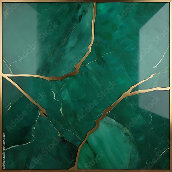 Fototapeta Luxury Emerald Marble Texture with Gold Veins and Geometric Design Wallpaper Background, ai