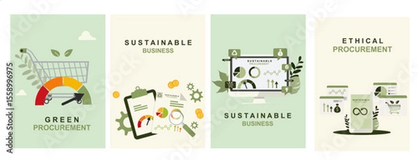 Fototapeta Green procurement. Sustainable business dashboard posters set. Ethical purchasing analytics infographic poster. Corporate responsibility metrics presentation for marketing. Vector illustration
