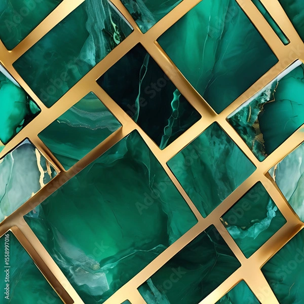 Fototapeta Luxury Emerald Marble Texture with Gold Veins and Geometric Design Wallpaper Background, ai