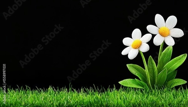 Fototapeta Two white crocheted daisies with yellow centers emerge from vibrant green grass against a stark black backdrop. The image is simple, clean and evokes a sense of springtime freshness.