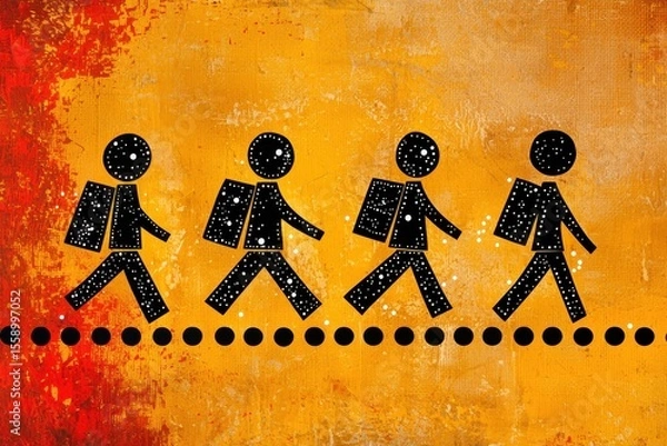 Fototapeta Four stylized stick figures with speckled, starry textures walk in a line, each carrying a backpack, on a dotted path. Set against a vibrant orange and red textured background—ideal for concepts like 