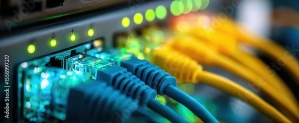 Fototapeta The network cables connecting to a server with glowing indicator lights.