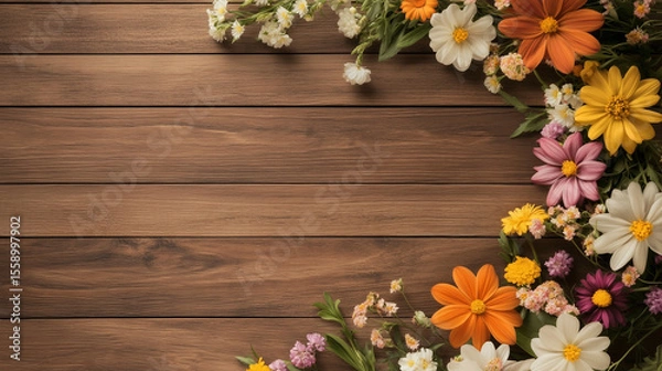 Fototapeta Rustic floral background with colorful flowers frame on wooden texture for spring and summer designs