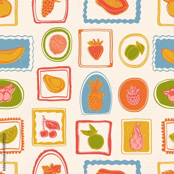 Obraz Summer fruits doodle hand drawn seamless pattern. Dragon fruit, blueberry, pomelo, pineapple, pineapple, citrus, banana, apple, grape, lemon. Vector illustration.
