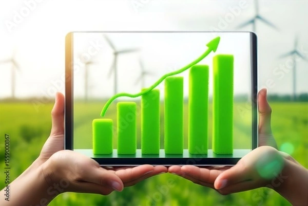 Fototapeta Green Energy Growth: Renewable Wind Power Investments on the Rise - Sustainable Business & Financial Performance Chart on Tablet