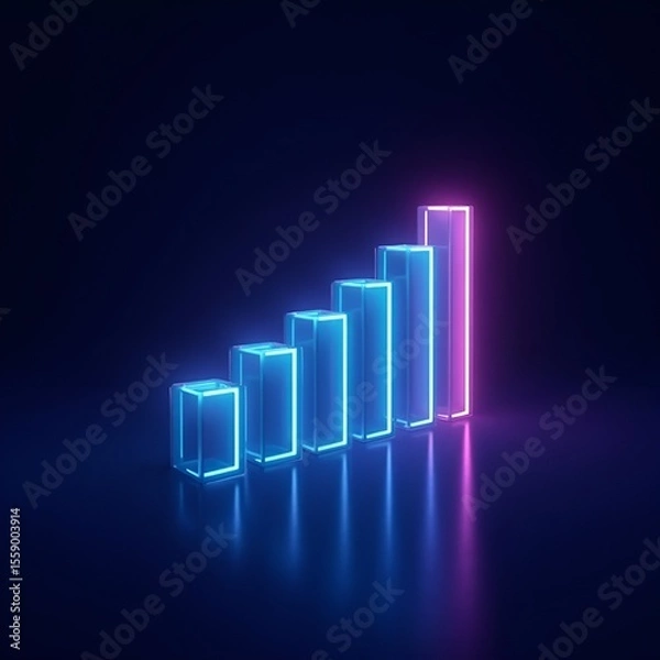 Fototapeta A digital art image shows a bar graph with an upward-pointing arrow, all rendered in a glowing blue hue against a dark background
