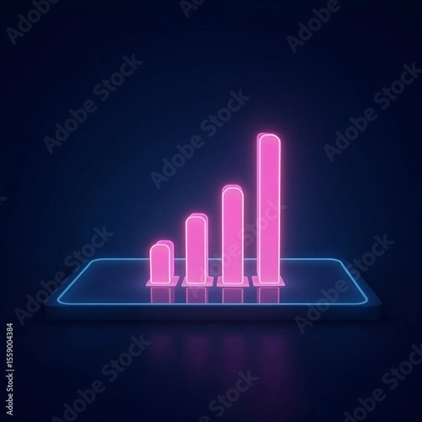 Fototapeta A digital art image shows a bar graph with an upward-pointing arrow, all rendered in a glowing blue hue against a dark background
