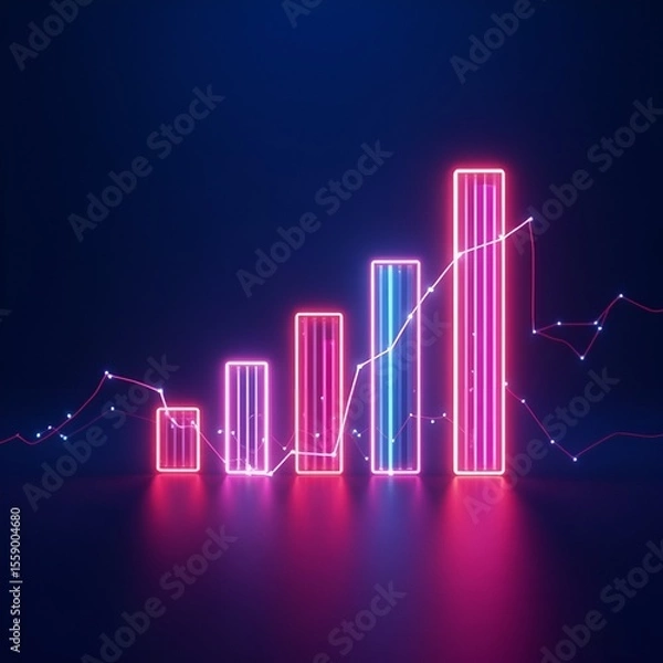 Fototapeta A digital art image shows a bar graph with an upward-pointing arrow, all rendered in a glowing blue hue against a dark background
