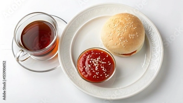 Fototapeta A white plate with a teacup, hamburger bun, and ketchup.