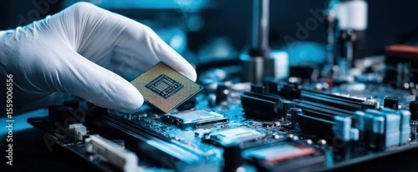 Fototapeta The technician installing a microprocessor on a modern computer motherboard.